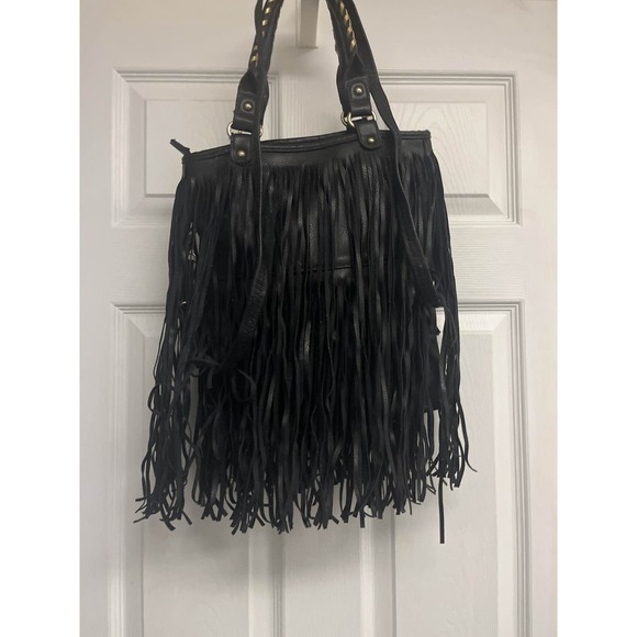 Black Faux Leather Fringe Hobo Shoulder Bag with Braided Handle Purse - Picture 3 of 5